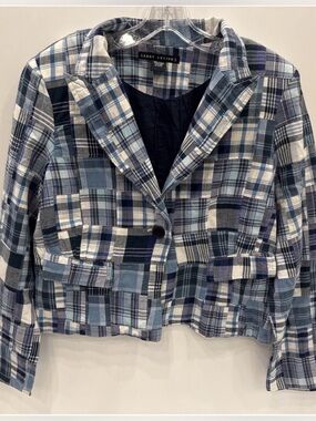 Larry Levine SZ 14 L/S Single Button Blue Multi Madras Patchwork Jacket SEE NOTE